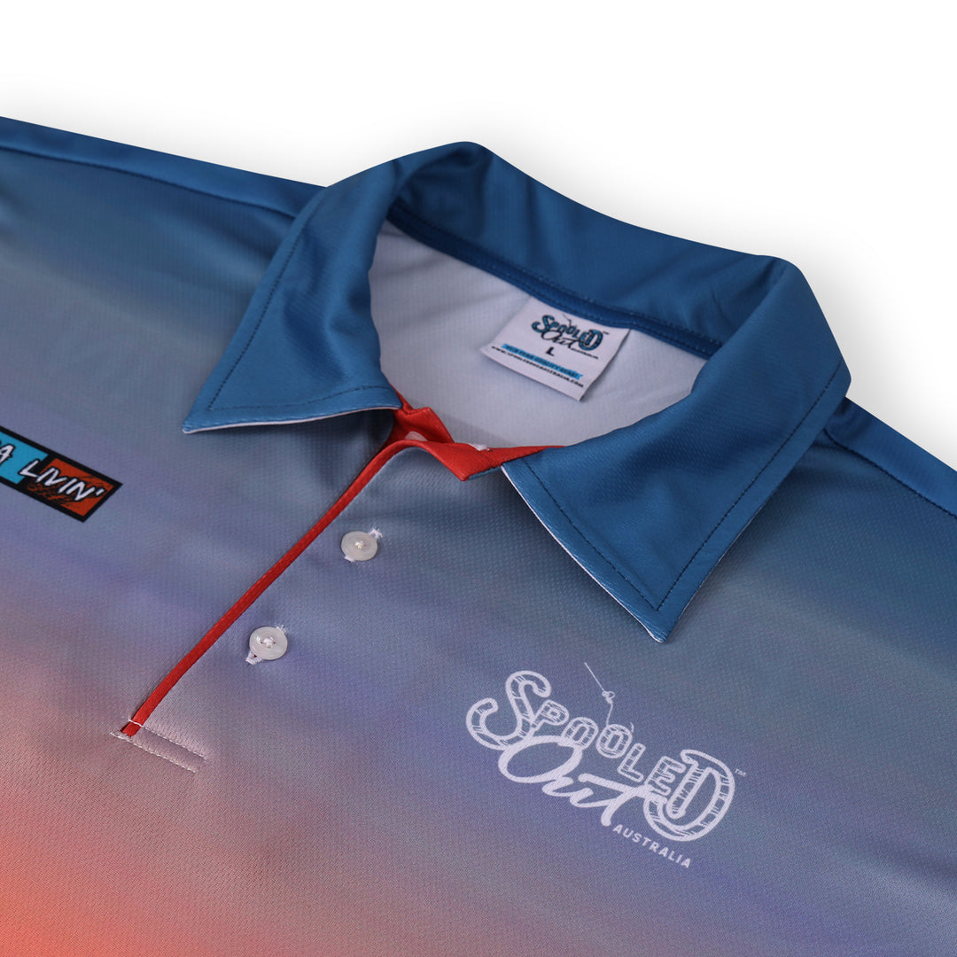 Pilbara Paradise fishing shirt - collar, red placket and Spooled Out logo close-up