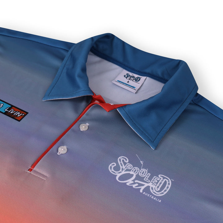 Pilbara Paradise fishing shirt - collar, red placket and Spooled Out logo close-up