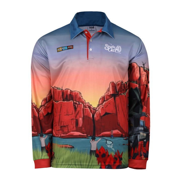 Pilbara Paradise fishing shirt - Pilbara red rock sunset landscape print, front view