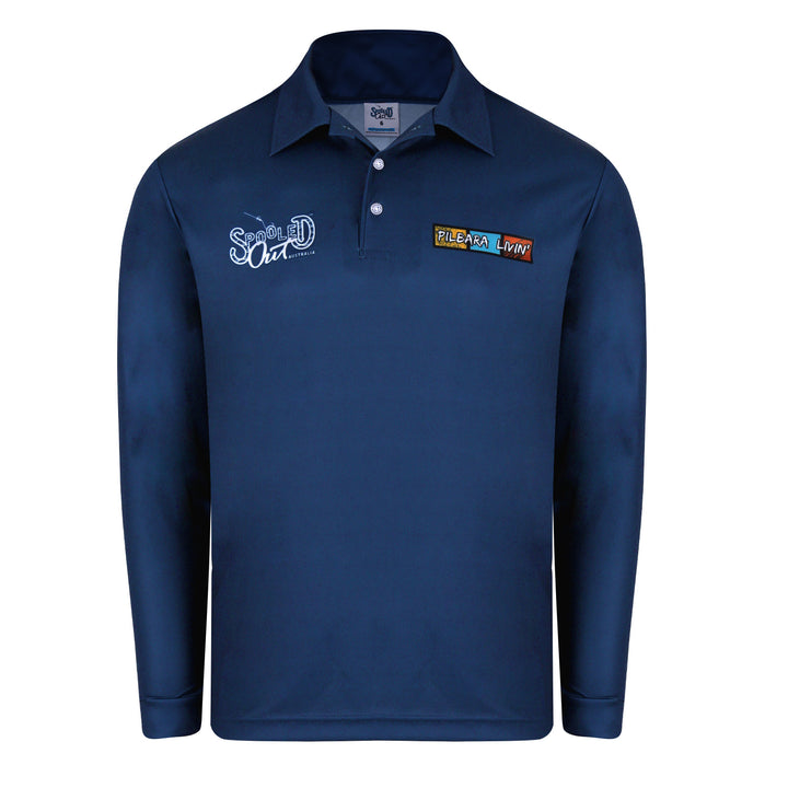 Blue fishing shirt with Pilbara Livin and Spooled Out Australia Logo