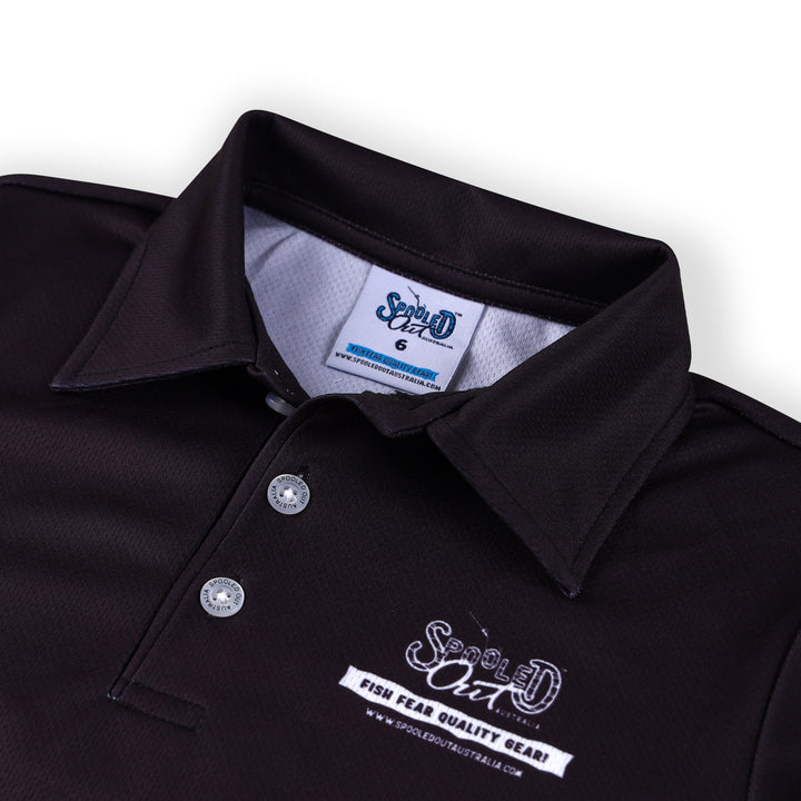 Black Spooled Out Australia shirt, close up with custom buttons and quality stitchng shown