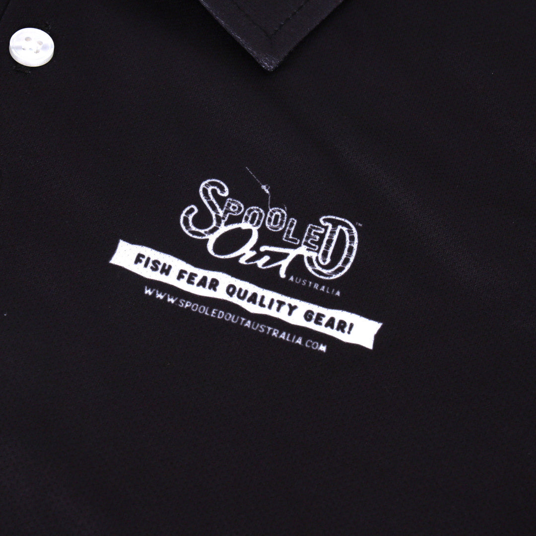 Black Long Sleve shirt front view close up of Spooled Out Australia Logo