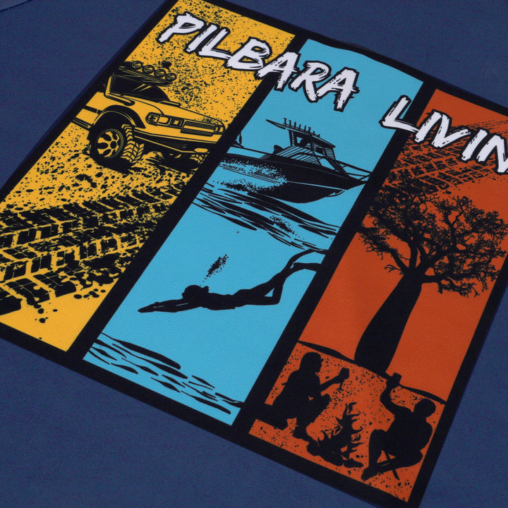 Close up of Spooled Out Australia fishing shirt with Pilbara Livin logo