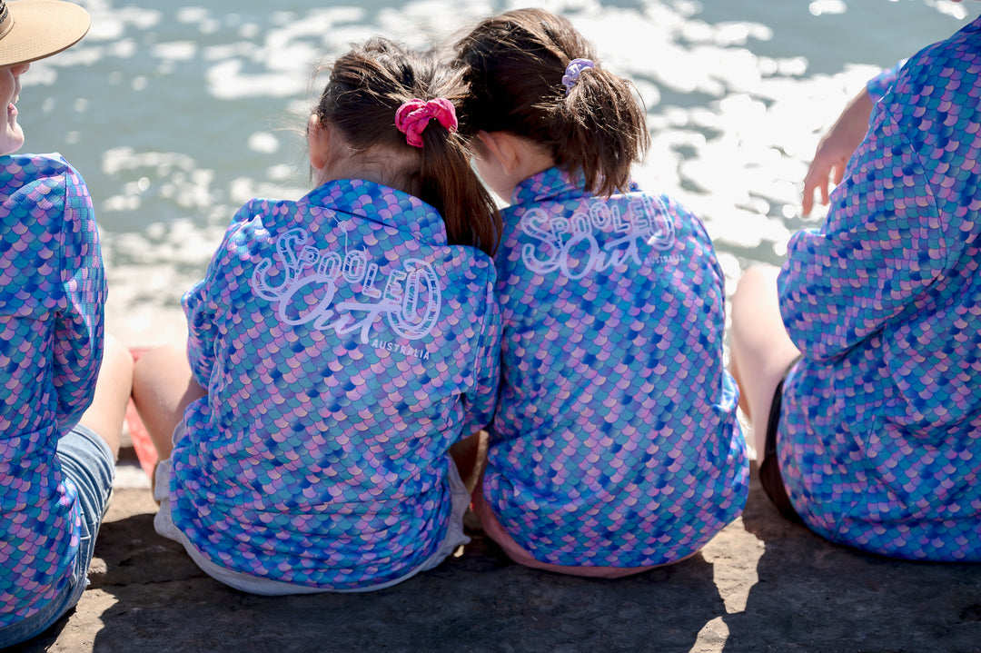 Mermaid Scales Fishing Shirt - Back close-up two kids, design pattern detail
