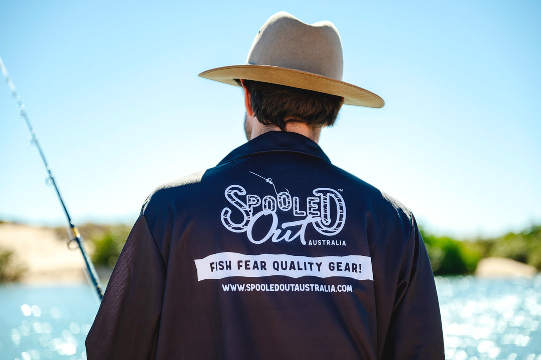 Spooled Out Classic Fishing Shirt - Back tight crop, Fish Fear Quality Gear design detail