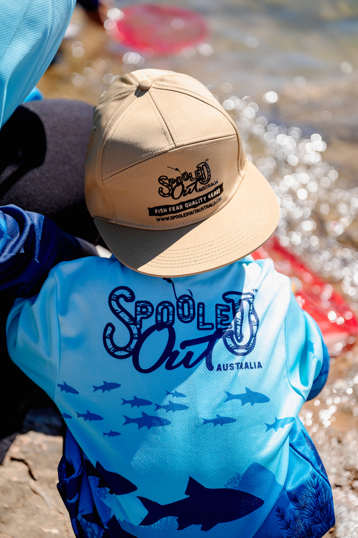 Underwater Dreaming Fishing Shirt - Toddler's back showing SOA hat and shirt design detail