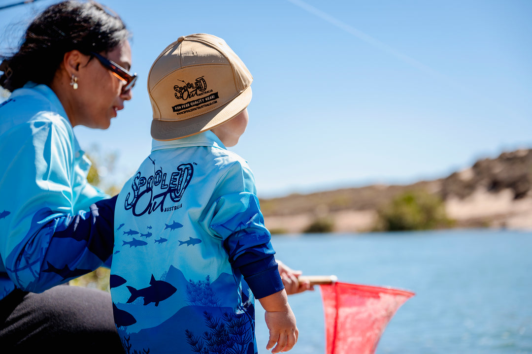 Underwater Dreaming Fishing Shirt - Mum and toddler at water's edge with net, Mini Me