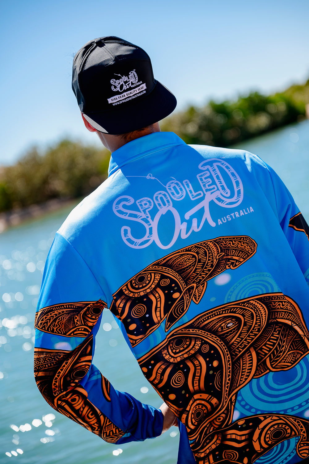 Dugong Migration Fishing Shirt - Back close-up, Indigenous artwork design detail