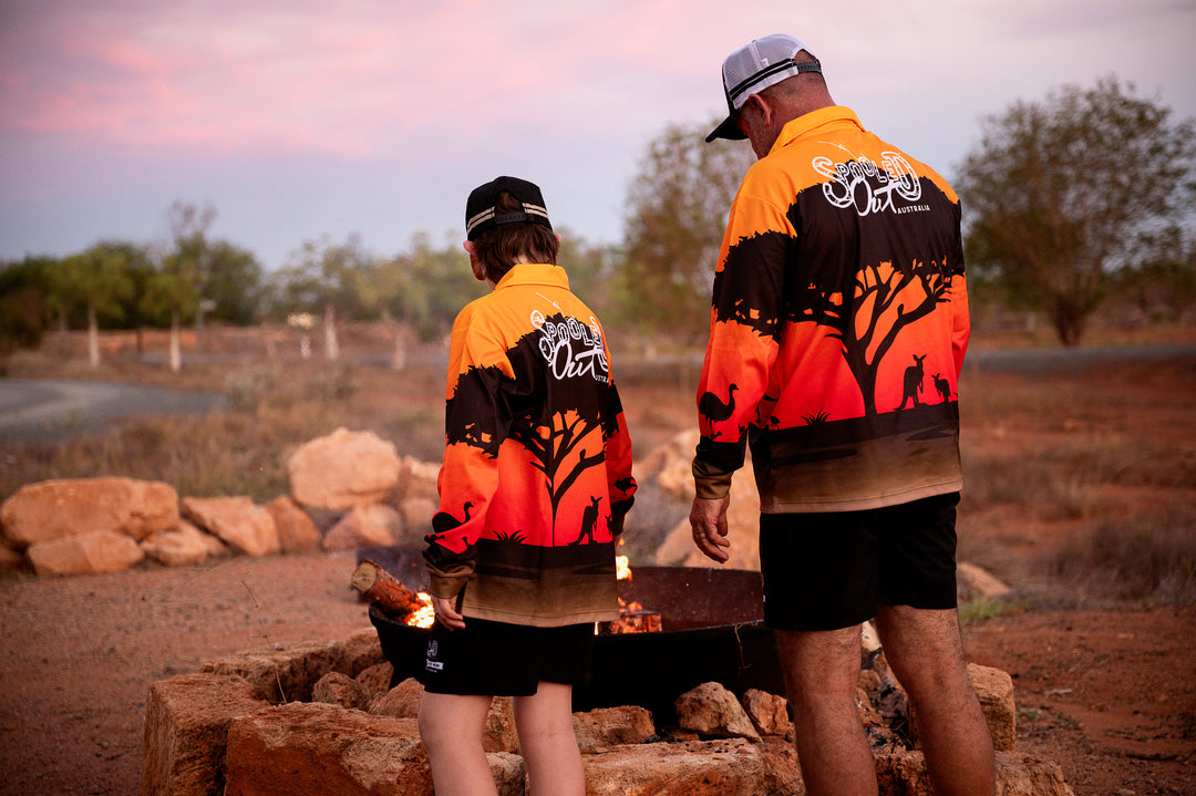 Outback Australia Fishing Shirt - Campfire at dusk, two people in outback shirts - hero