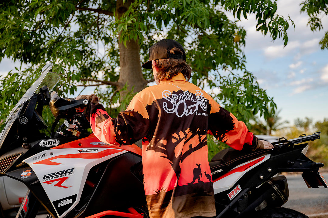 Spooled Out Australia orange fishing shirt back