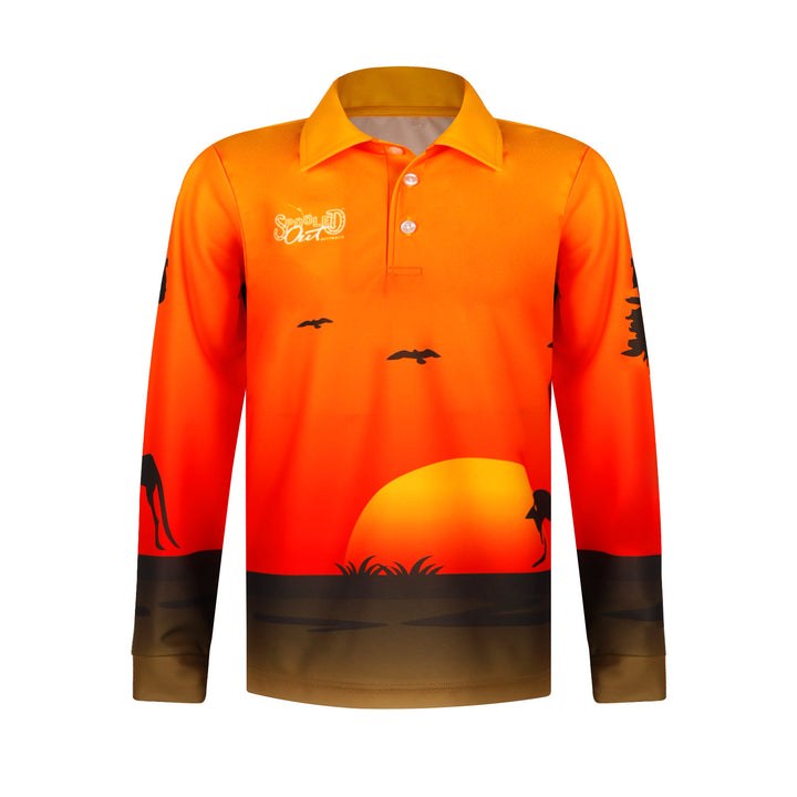 Orange sunset on a long sleved fishng shirt with Spooled Out Australia logo