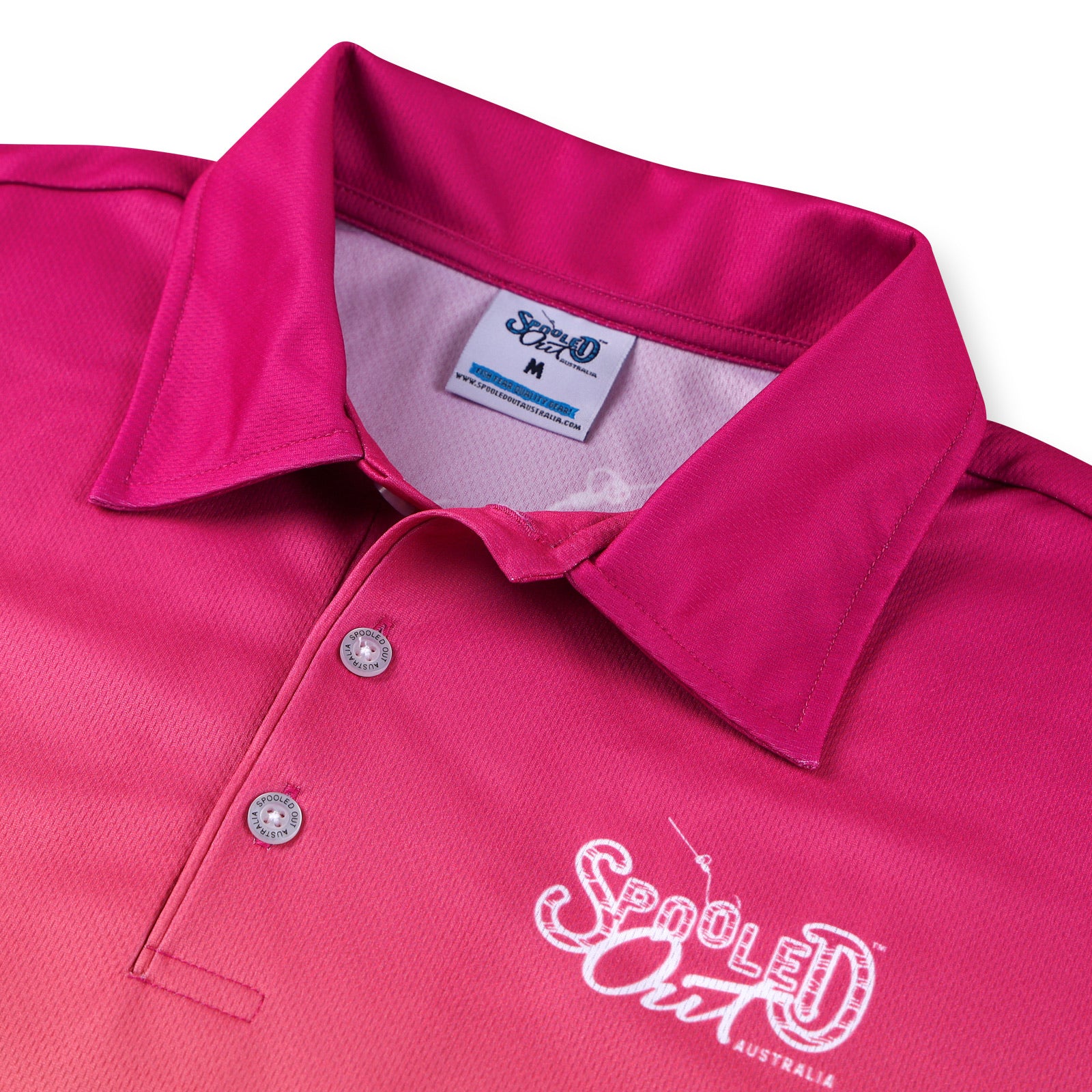 Close up of quality fishing shirt colar with custom buttons and high quality stitching